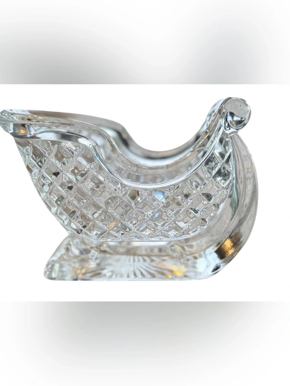 Vintage Heavy Glass Christmas Sleigh Candy Dish Centerpiece Diamond Pattern